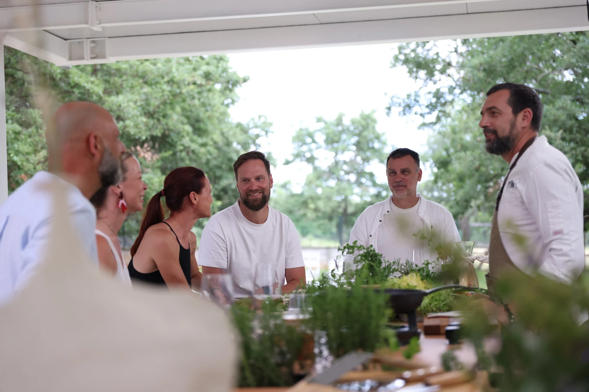 Guests gathering around an Evoluta kitchen with chef David Skoko